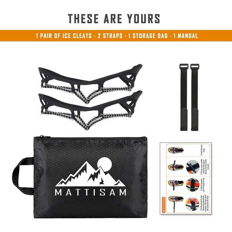 MATTISAM Ice Cleats for Walking on Ice Snow Grips Crampons Traction for Shoes Boots, Anti-Slip Portable Flexible Footwear for Climbing Hiking Fishing Outdoor Running with Storage Bag and 2 Straps - Image 2