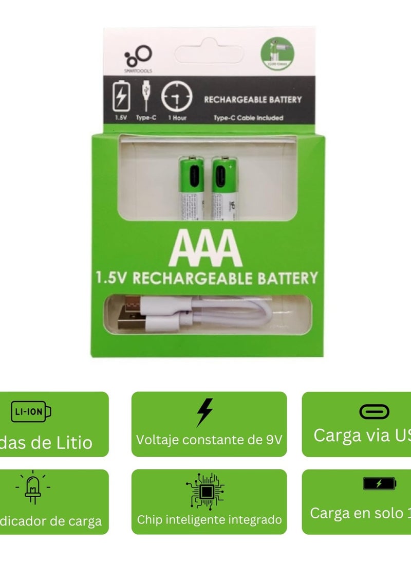 2 USB C Rechargeable AAA Batteries 750mWh 1.5V Fast Charge High Duration Charges in 1.5 Hours  - Image 1