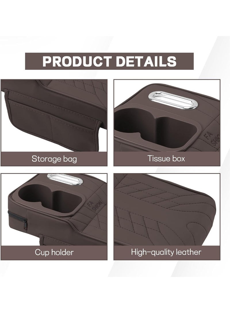 Soofam Car Center Console Armrest Pillow, 13.4"×7.5"×2" Leather Auto Arm Rest Cover with Pocket & Tissue Box & Cup Holder, Multifunctional Vehicle Armrest Cushion Pad, Car Accessories (Brown) - Image 3