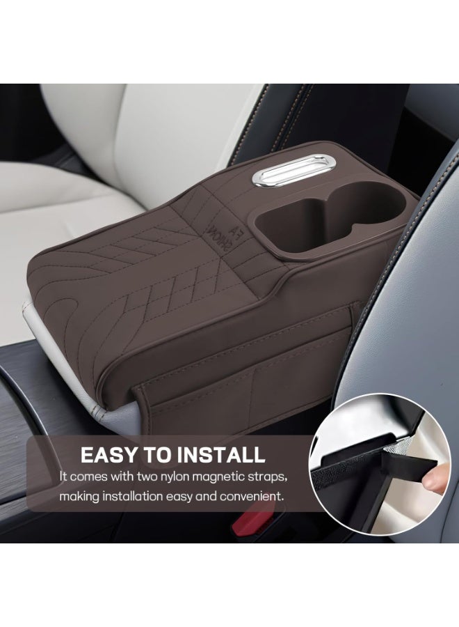 Soofam Car Center Console Armrest Pillow, 13.4"×7.5"×2" Leather Auto Arm Rest Cover with Pocket & Tissue Box & Cup Holder, Multifunctional Vehicle Armrest Cushion Pad, Car Accessories (Brown) - Image 5