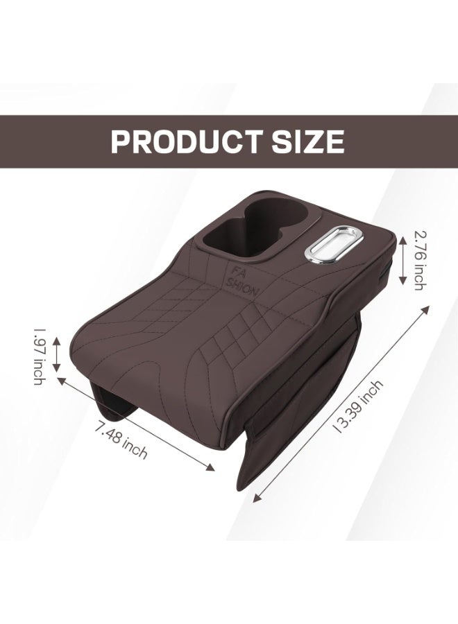Soofam Car Center Console Armrest Pillow, 13.4"×7.5"×2" Leather Auto Arm Rest Cover with Pocket & Tissue Box & Cup Holder, Multifunctional Vehicle Armrest Cushion Pad, Car Accessories (Brown) - Image 2