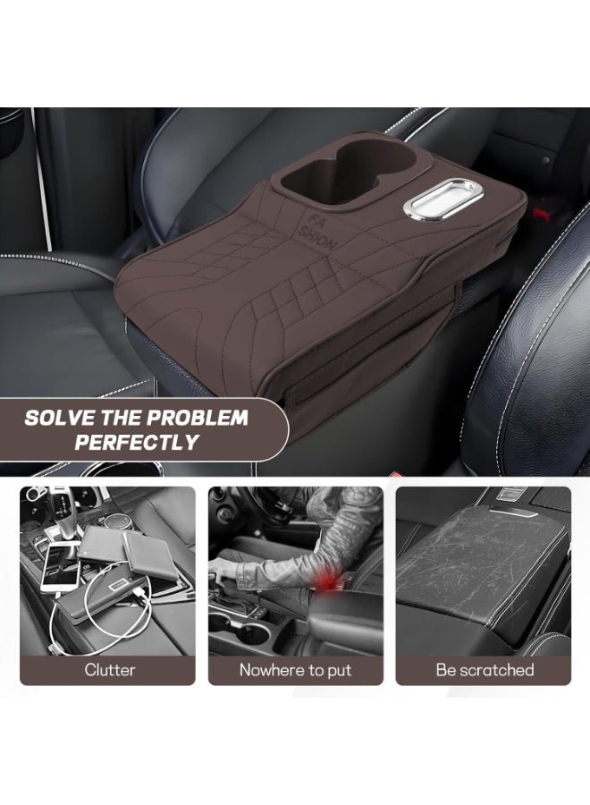 Soofam Car Center Console Armrest Pillow, 13.4"×7.5"×2" Leather Auto Arm Rest Cover with Pocket & Tissue Box & Cup Holder, Multifunctional Vehicle Armrest Cushion Pad, Car Accessories (Brown) - Image 4