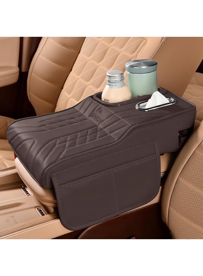 Soofam Car Center Console Armrest Pillow, 13.4"×7.5"×2" Leather Auto Arm Rest Cover with Pocket & Tissue Box & Cup Holder, Multifunctional Vehicle Armrest Cushion Pad, Car Accessories (Brown) - Image 1
