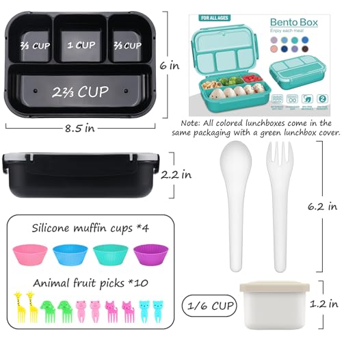 QQKO Bento Box for Kids Adults, School Toddler Lunch Box for Boys Girls, Lunch Box Containers with 4 Compartments, Sauce Container, Utensils, Food Picks and Muffin Cups for School, Black Gray - Image 2