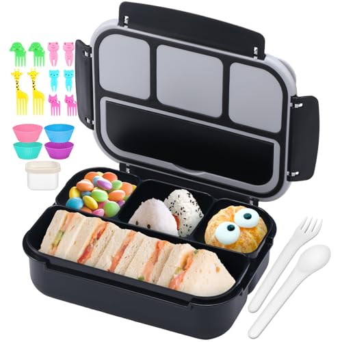 QQKO Bento Box for Kids Adults, School Toddler Lunch Box for Boys Girls, Lunch Box Containers with 4 Compartments, Sauce Container, Utensils, Food Picks and Muffin Cups for School, Black Gray - Image 1