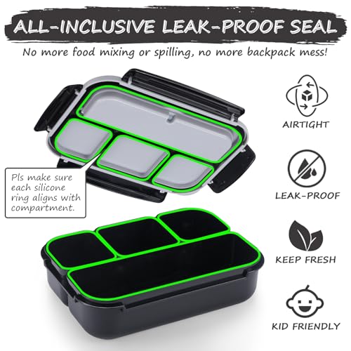 QQKO Bento Box for Kids Adults, School Toddler Lunch Box for Boys Girls, Lunch Box Containers with 4 Compartments, Sauce Container, Utensils, Food Picks and Muffin Cups for School, Black Gray - Image 5