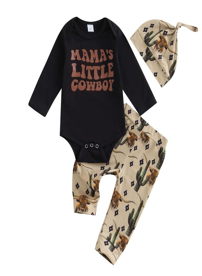 SAYOO Baby Boy Cowboy Outfit Newborn Western Country Boy Clothes Cow Print Letter Bodysuit+Long Pants+Cap 3pcs Fall Clothes (A-Black, 0-3 Months) - Image 1