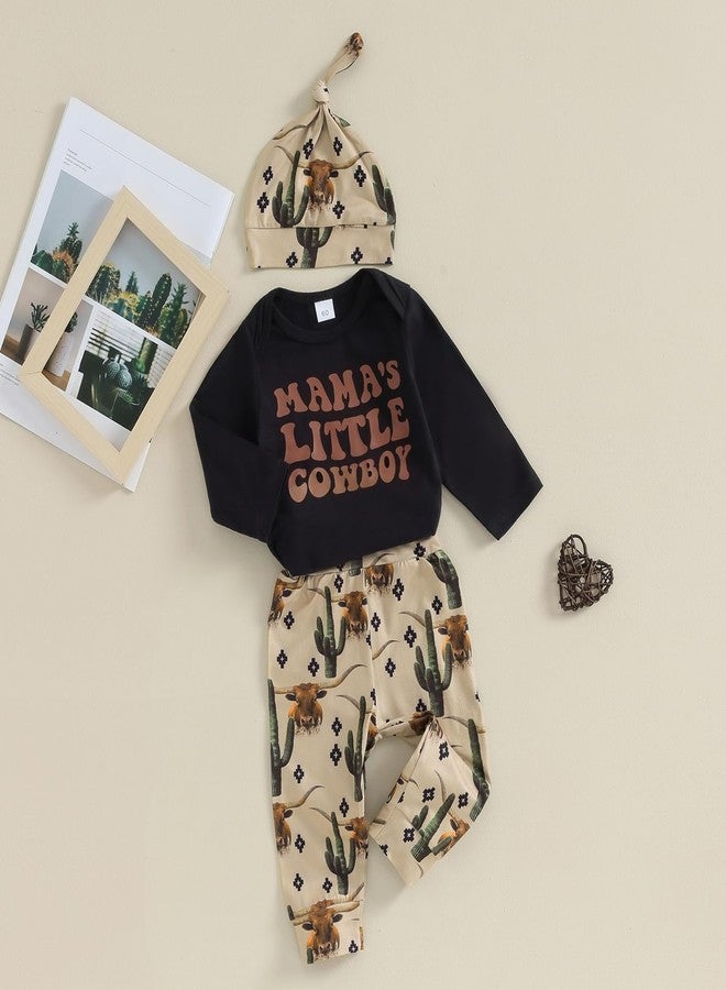 SAYOO Baby Boy Cowboy Outfit Newborn Western Country Boy Clothes Cow Print Letter Bodysuit+Long Pants+Cap 3pcs Fall Clothes (A-Black, 0-3 Months) - Image 2