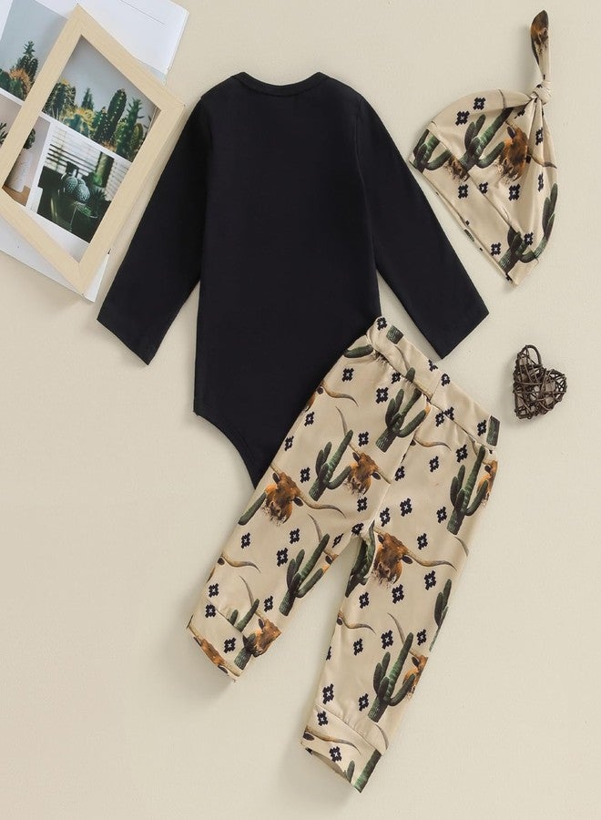 SAYOO Baby Boy Cowboy Outfit Newborn Western Country Boy Clothes Cow Print Letter Bodysuit+Long Pants+Cap 3pcs Fall Clothes (A-Black, 0-3 Months) - Image 3