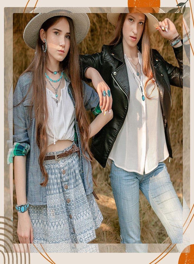 Inbagi 15 Pcs Bohemian Turquoise Jewelry Set for Women, Western Turquoise Necklace Bracelet Earrings Rings Gifts Set, Western Bohemian Jewelry for Women - Image 2