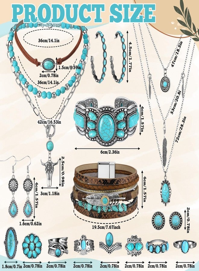 Inbagi 15 Pcs Bohemian Turquoise Jewelry Set for Women, Western Turquoise Necklace Bracelet Earrings Rings Gifts Set, Western Bohemian Jewelry for Women - Image 3