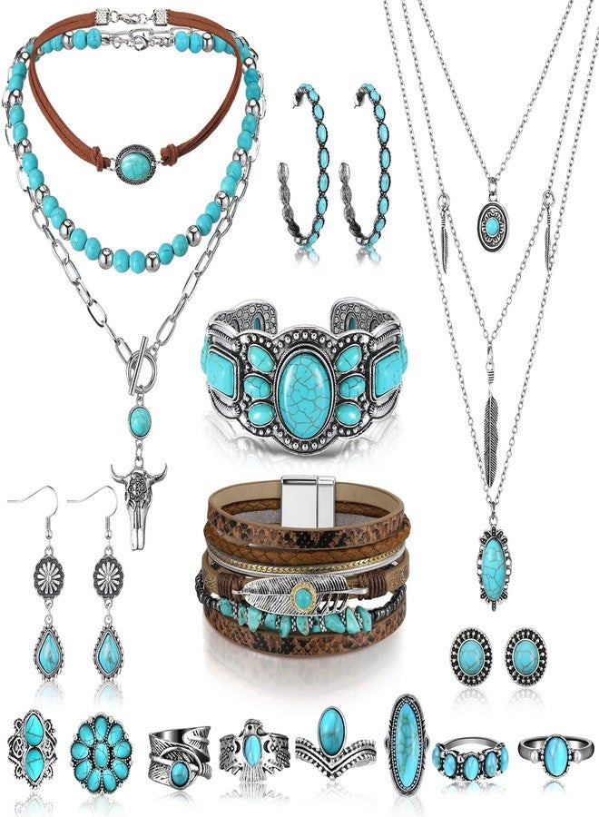 Inbagi 15 Pcs Bohemian Turquoise Jewelry Set for Women, Western Turquoise Necklace Bracelet Earrings Rings Gifts Set, Western Bohemian Jewelry for Women - Image 1