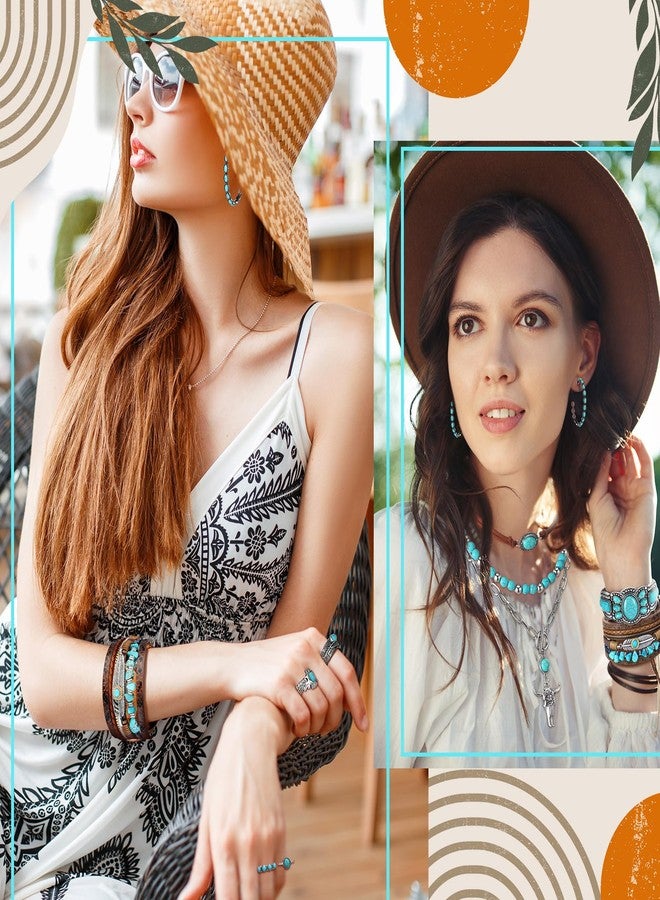 Inbagi 15 Pcs Bohemian Turquoise Jewelry Set for Women, Western Turquoise Necklace Bracelet Earrings Rings Gifts Set, Western Bohemian Jewelry for Women - Image 5