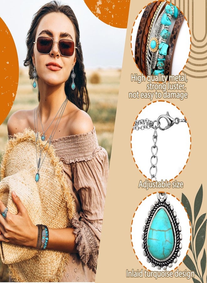 Inbagi 15 Pcs Bohemian Turquoise Jewelry Set for Women, Western Turquoise Necklace Bracelet Earrings Rings Gifts Set, Western Bohemian Jewelry for Women - Image 4