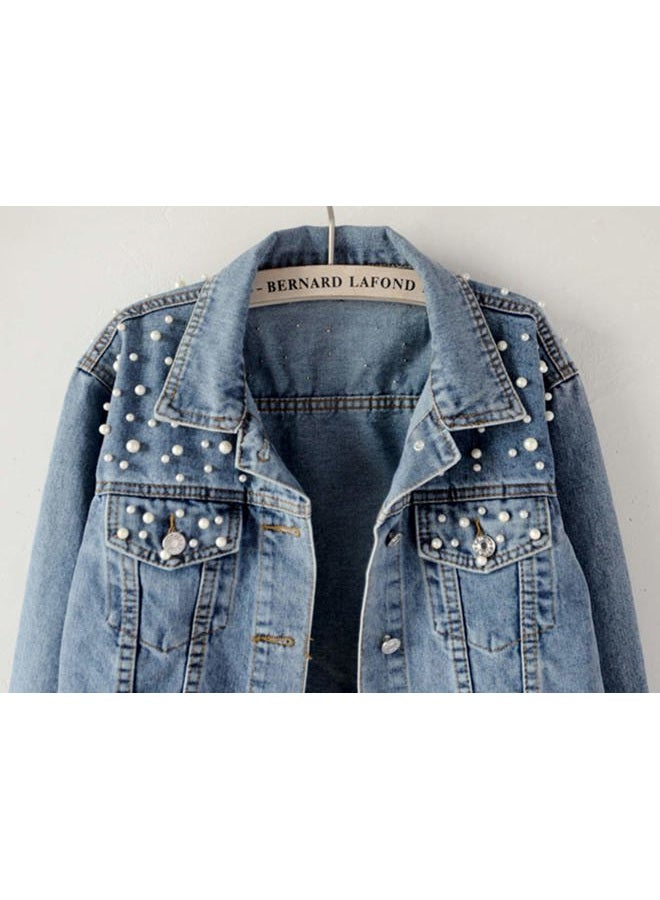 Kedera Women Oversized Denim Jacket Embroidered Pearls Beading Jeans Coat (Blue, XX-Large) - Image 4