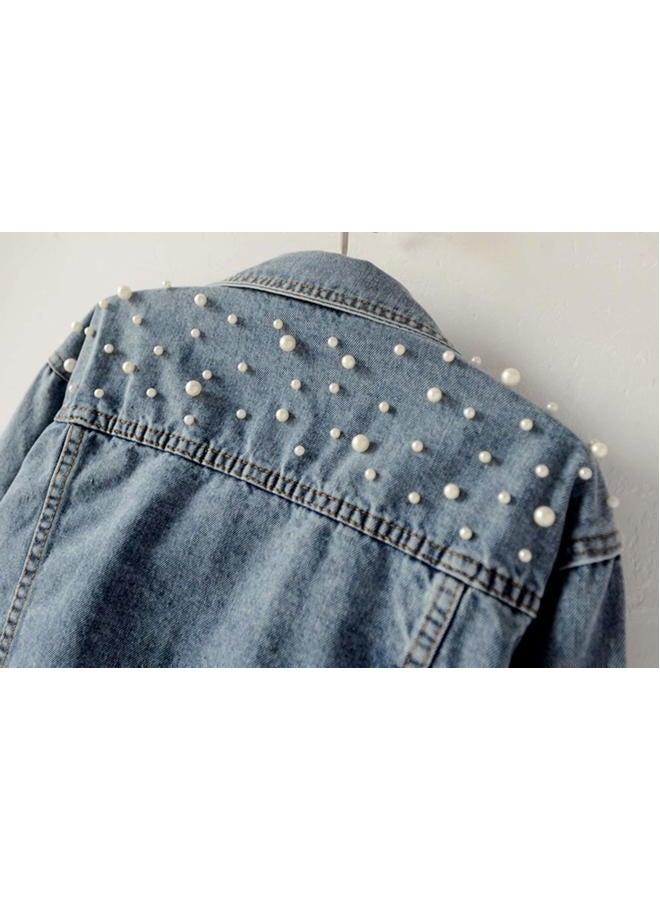 Kedera Women Oversized Denim Jacket Embroidered Pearls Beading Jeans Coat (Blue, XX-Large) - Image 5