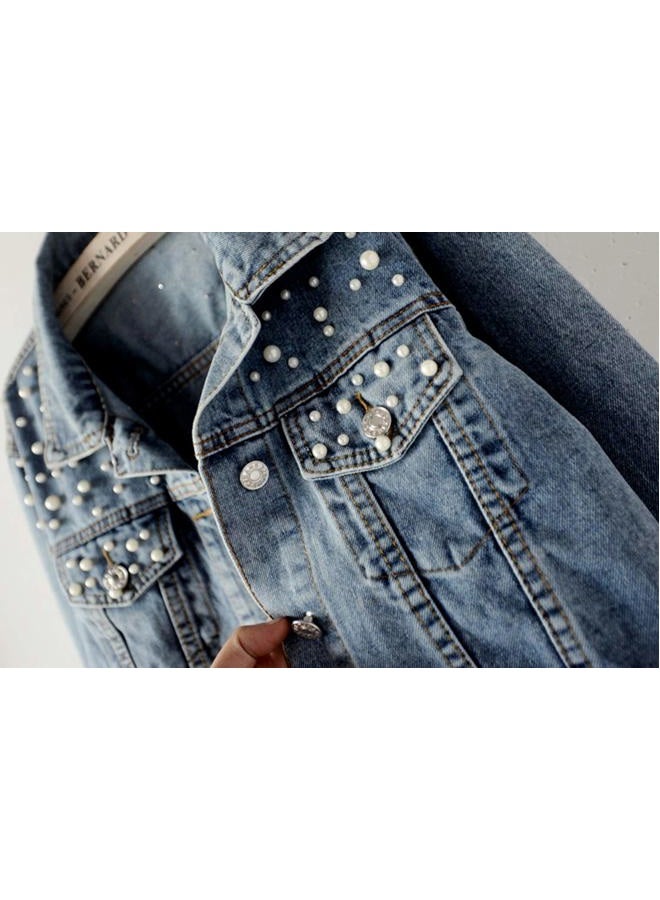 Kedera Women Oversized Denim Jacket Embroidered Pearls Beading Jeans Coat (Blue, XX-Large) - Image 2