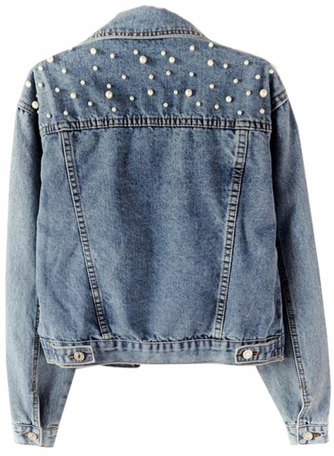 Kedera Women Oversized Denim Jacket Embroidered Pearls Beading Jeans Coat (Blue, XX-Large) - Image 3