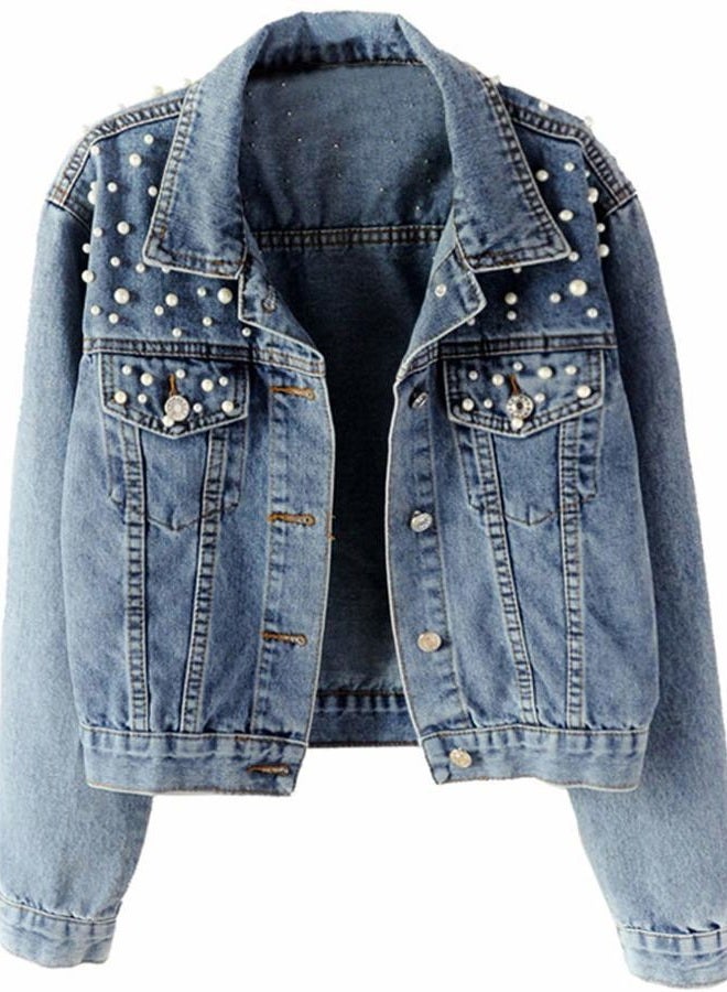 Kedera Women Oversized Denim Jacket Embroidered Pearls Beading Jeans Coat (Blue, XX-Large) - Image 1