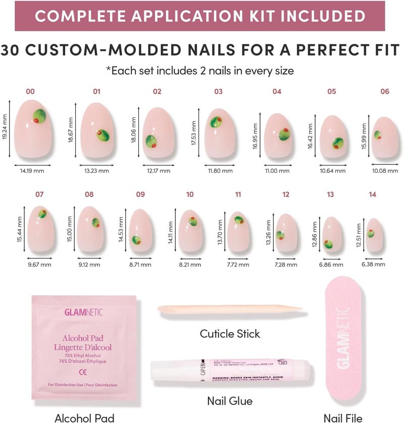 Glamnetic Press On Nails - Tipsy Olive | Short Oval Fake Nails with Olive Graphics on Sheer Base in Glossy Finish, Salon Quality | 15 Sizes - 30 Nail Kit with Glue Connectable modular - Image 4