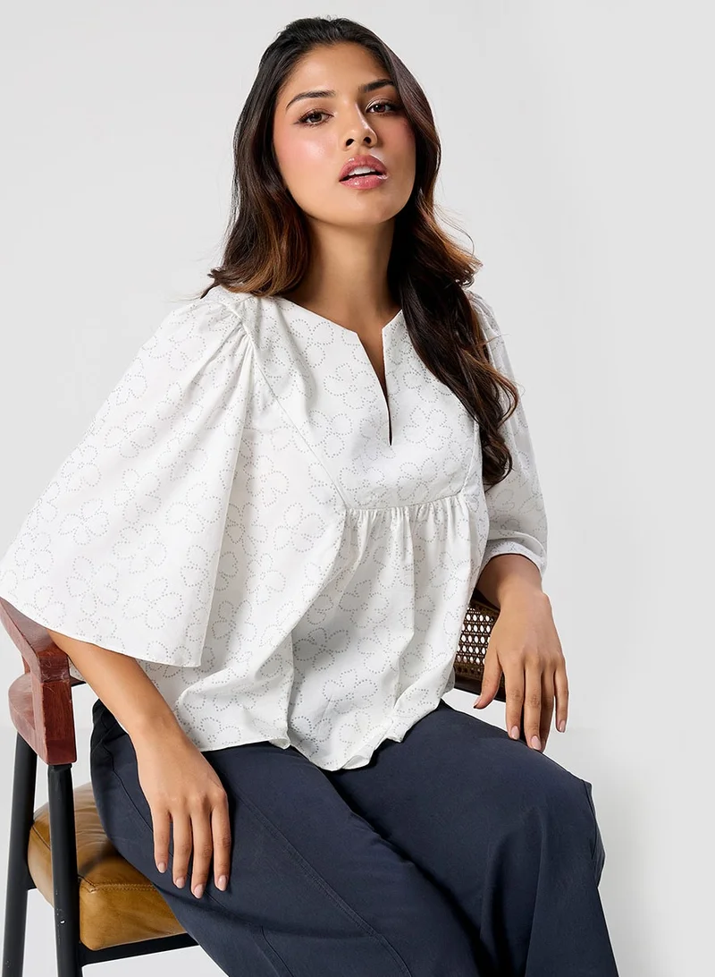 Zigzag Vneck Flared Sleeve Baggy Top