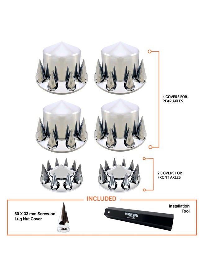 TORQUE Set of Chrome Front and Rear Axle Wheel Cover 33mm Spike Screw-on Lug Nuts for Semi Truck (Installation Tool Included) (TR571) - Image 2