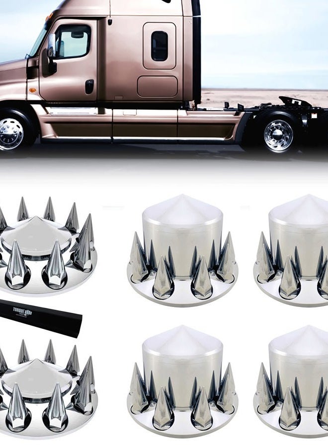 TORQUE Set of Chrome Front and Rear Axle Wheel Cover 33mm Spike Screw-on Lug Nuts for Semi Truck (Installation Tool Included) (TR571) - Image 1