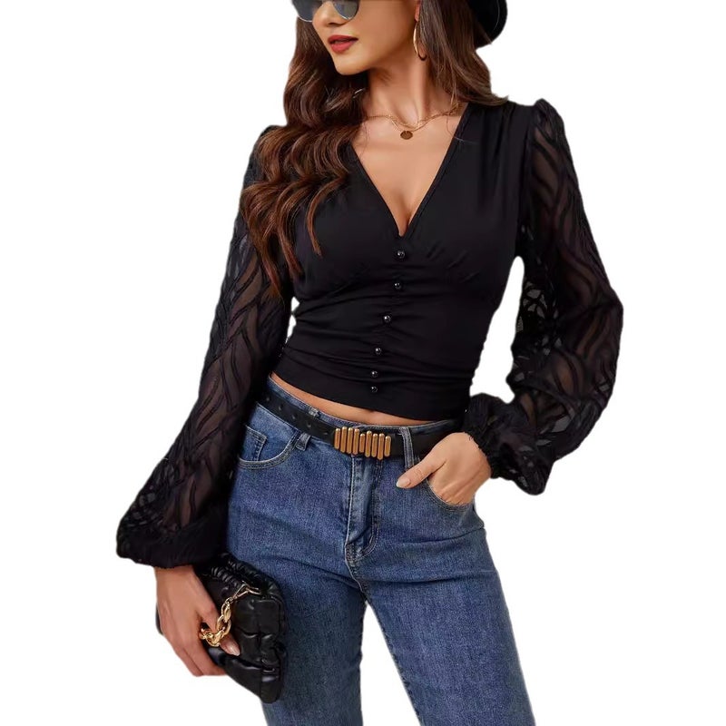 Women's Chiffon Lantern Sleeve V-Neck T-Shirt - Image 5