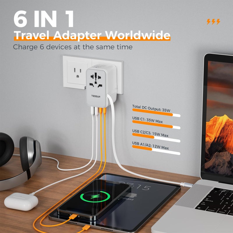 TESSAN Universal Travel Adapter Built-in 35W USB-C Cable, UK for EU/US/AU - Image 4