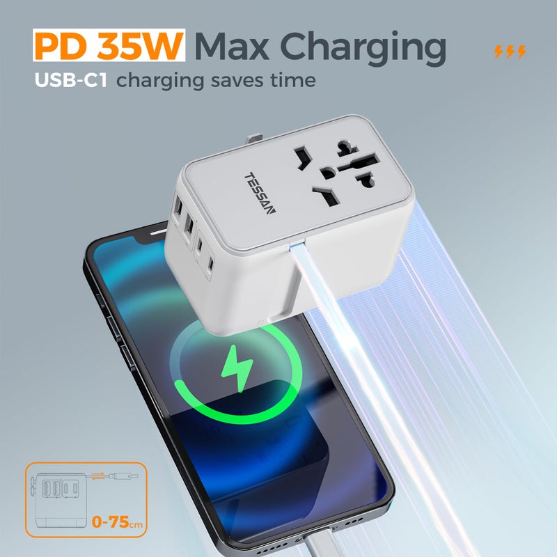 TESSAN Universal Travel Adapter Built-in 35W USB-C Cable, UK for EU/US/AU - Image 3