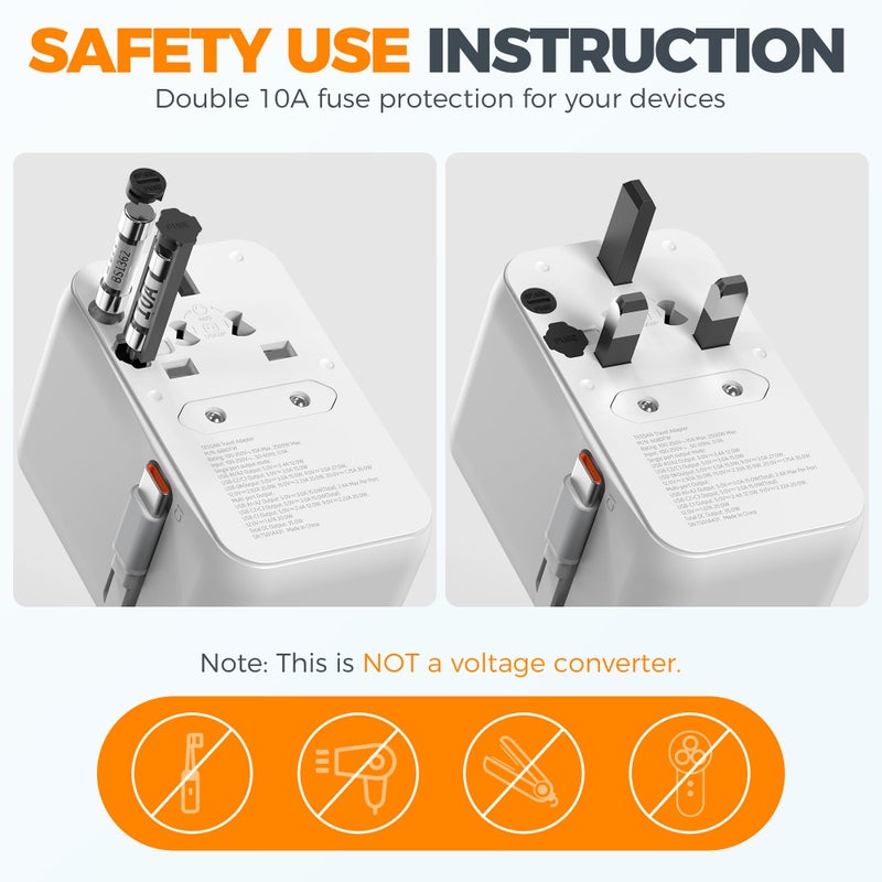 TESSAN Universal Travel Adapter Built-in 35W USB-C Cable, UK for EU/US/AU - Image 5