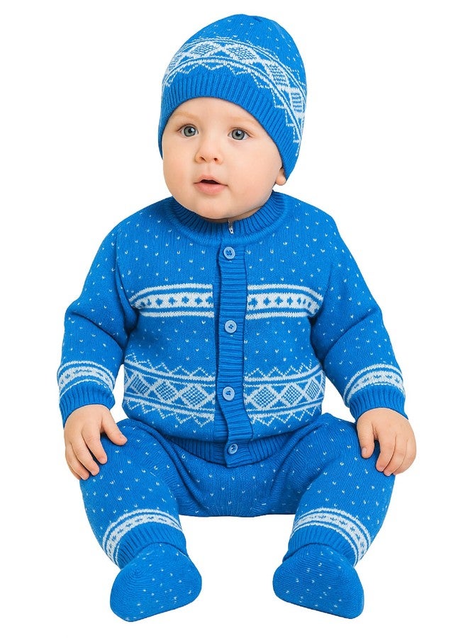 Zuvim Premium Baby Sweater Set for Winter | Woolen Long Sleeves Sweater, Full Pant, Cap & Socks Pair | Warm Knitted Wool Set for Baby Boys & Girls (Blue, 6-9 months) - Image 1
