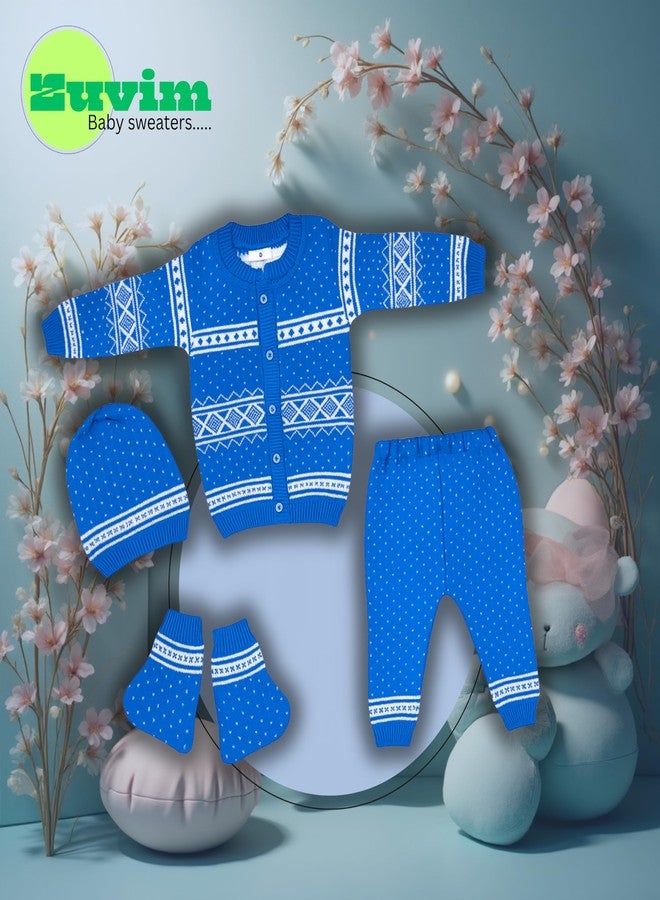 Zuvim Premium Baby Sweater Set for Winter | Woolen Long Sleeves Sweater, Full Pant, Cap & Socks Pair | Warm Knitted Wool Set for Baby Boys & Girls (Blue, 6-9 months) - Image 3