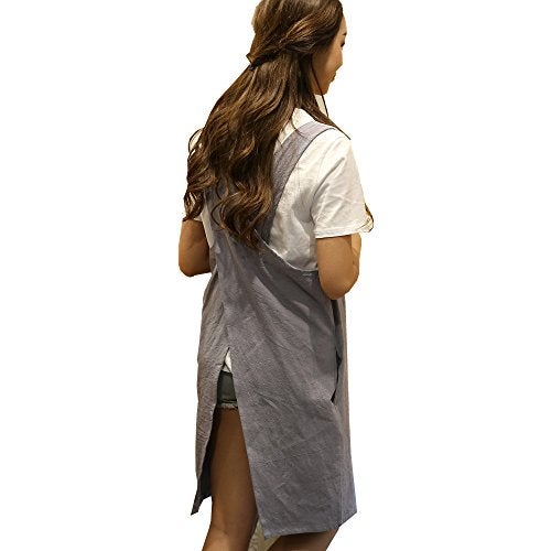 AOBBYBBS Soft Cotton Linen Apron Solid Color Halter Cross Bandage Aprons Japanese Style X Shape Double Pockets Kitchen Cooking Clothes Gift for Women Chef Housewarming -LightGray - Image 3