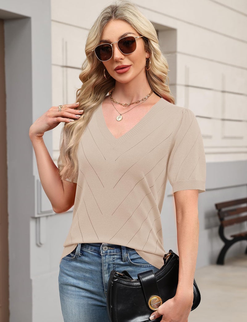 LOMON Womens Blouses Trendy Puff Short Sleeve Knit Sweaters Dressy V Neck Work Blouse Business Casual Outfits 2026 Spring Summer Fashion Tops (Apricot,L) - Image 3