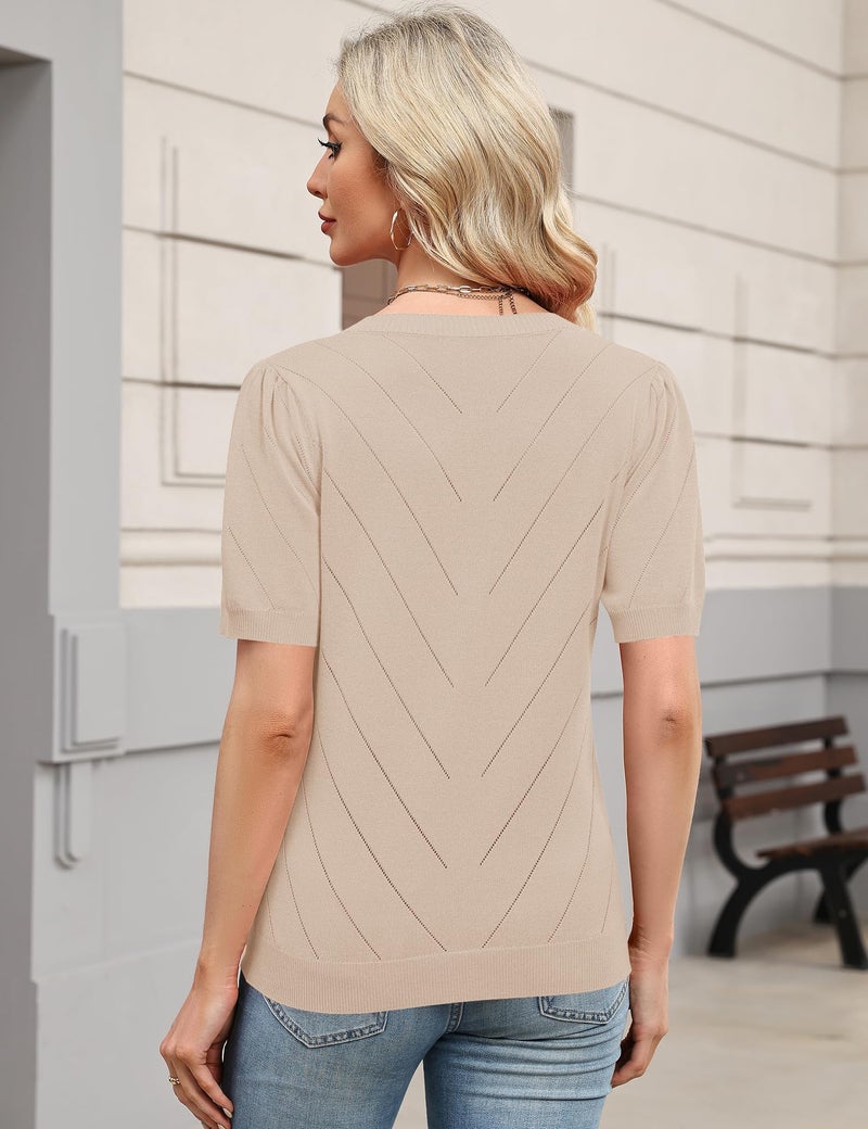 LOMON Womens Blouses Trendy Puff Short Sleeve Knit Sweaters Dressy V Neck Work Blouse Business Casual Outfits 2026 Spring Summer Fashion Tops (Apricot,L) - Image 5