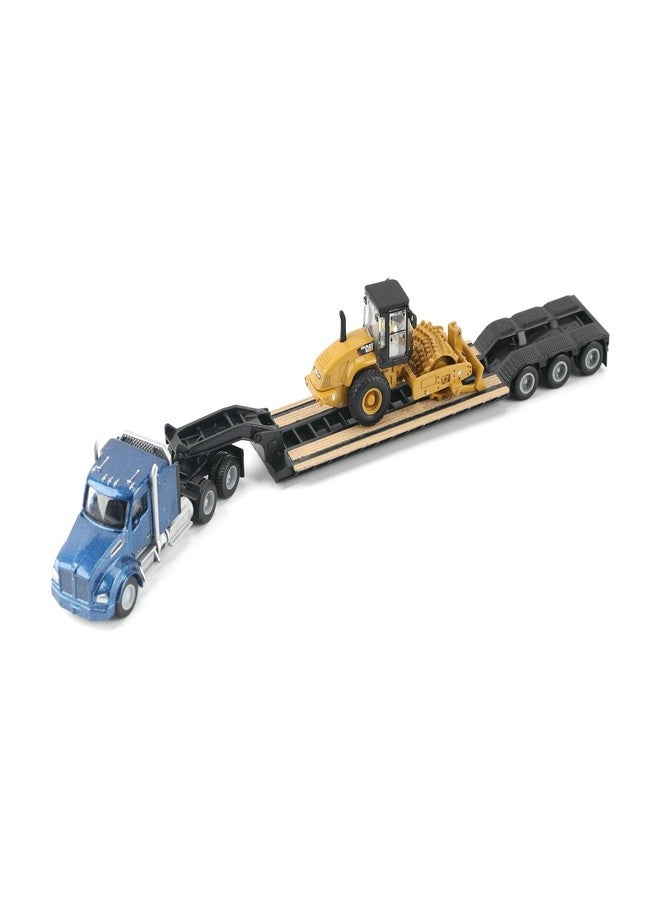 Diecast Masters Caterpillar Diecast Model Replicas – 1:87 Scale Blue Kenworth T880 Tractor with Lowboy Trailer and Cat Padfoot Roller | Model 84424 - Image 3