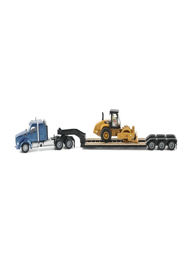 Diecast Masters Caterpillar Diecast Model Replicas – 1:87 Scale Blue Kenworth T880 Tractor with Lowboy Trailer and Cat Padfoot Roller | Model 84424 - Image 1