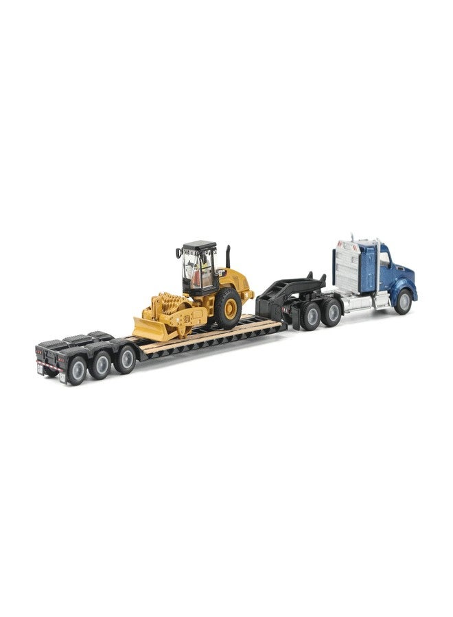 Diecast Masters Caterpillar Diecast Model Replicas – 1:87 Scale Blue Kenworth T880 Tractor with Lowboy Trailer and Cat Padfoot Roller | Model 84424 - Image 2