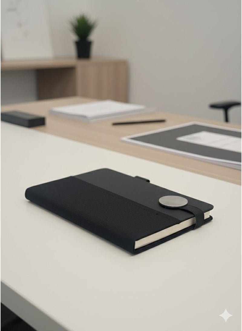 Premium A5 Black Leather Notebook with Elastic Closure & Bookmark - Image 1