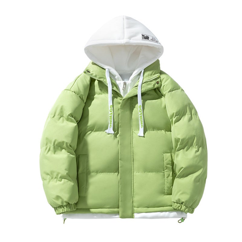 Winter New Mens Thickened Cotton-padded Coat Hooded Fake Two-piece Coat Fashionable Loose Cotton-padded Coat Cotton-padded Coat Bread Coat Cross-border Green - Image 1
