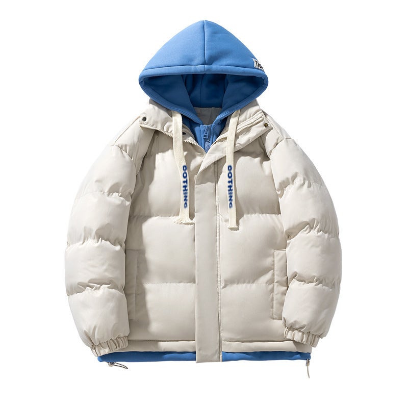 Winter New Mens Thickened Cotton-padded Coat Hooded Fake Two-piece Coat Fashionable Loose Cotton-padded Coat Cotton-padded Coat Bread Coat Cross-border Green - Image 2