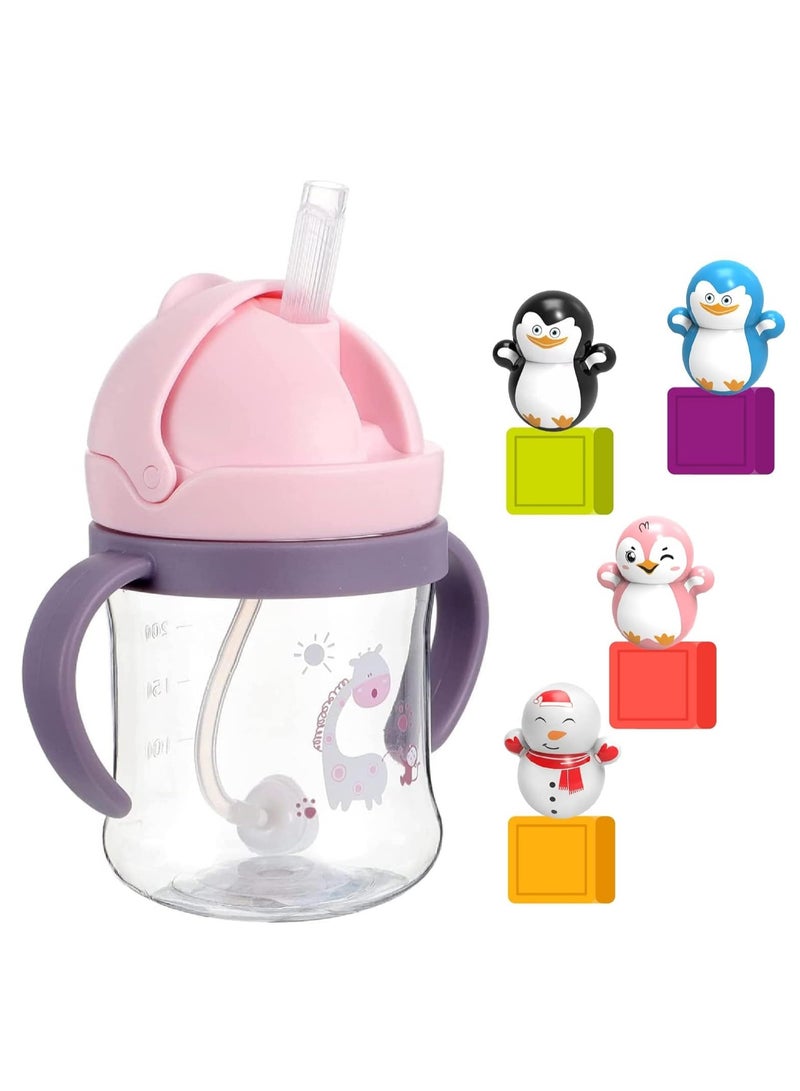 Gonice 250ml Sippy Cup, Baby Water Bottle with Straw, Sipper Bottle, Baby Drinking Bottle with Handle, Cute Toddler Cup with Soft Spout, Spill-proof, Baby Straw Cup with cute Toys (Pink) - Image 1