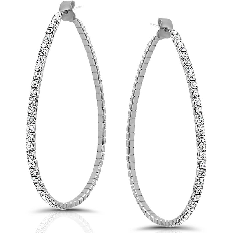 Humble Chic NY Bling Earrings for Women - Silver Tone Rhinestone Hoop Earrings For Women, Extra Large Fake Diamond Hoops, Big Huge Statement Teardrop Ear Jacket, Long Sparkly Thin CZ Drop, Silver Tone 2.6" XL - Image 1