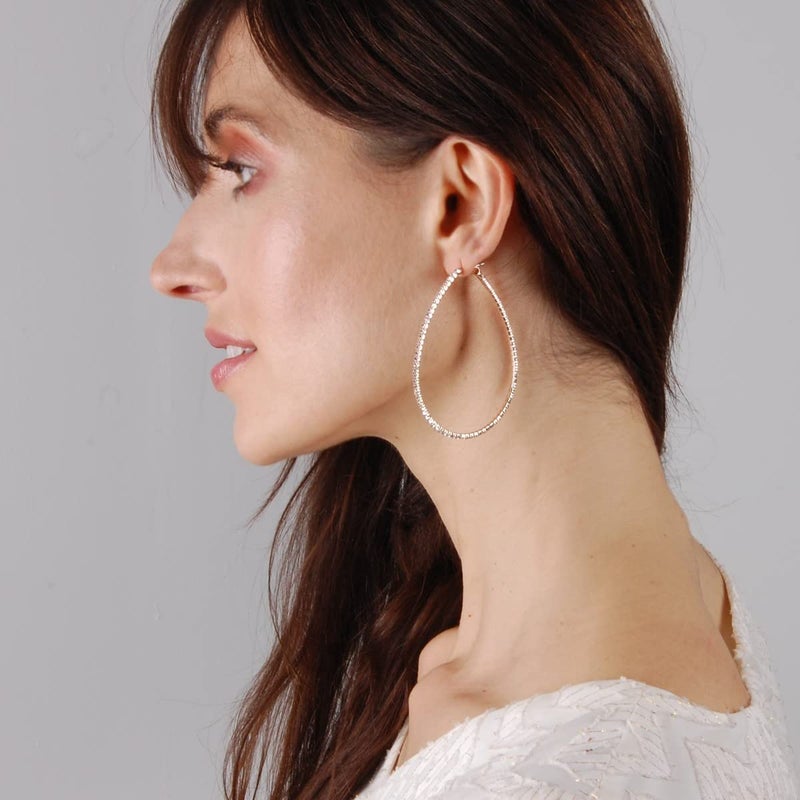 Humble Chic NY Bling Earrings for Women - Silver Tone Rhinestone Hoop Earrings For Women, Extra Large Fake Diamond Hoops, Big Huge Statement Teardrop Ear Jacket, Long Sparkly Thin CZ Drop, Silver Tone 2.6" XL - Image 5