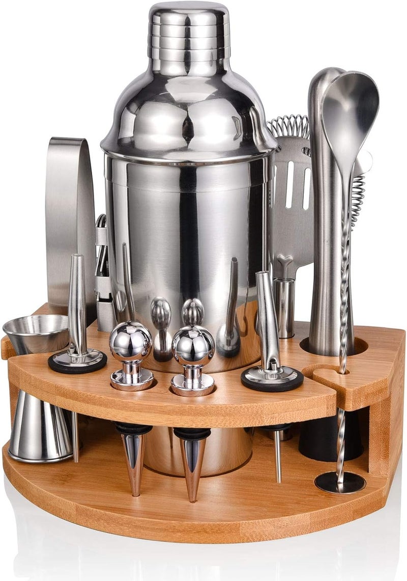 Esmula Bartender Kit with Stylish Bamboo Stand, 12 Piece 25oz Cocktail Shaker Set for Mixed Drink, Professional Stainless Steel Bar Tool Set, Gift for Man Dad- Cocktail Recipes Booklet (Silver) - Image 1