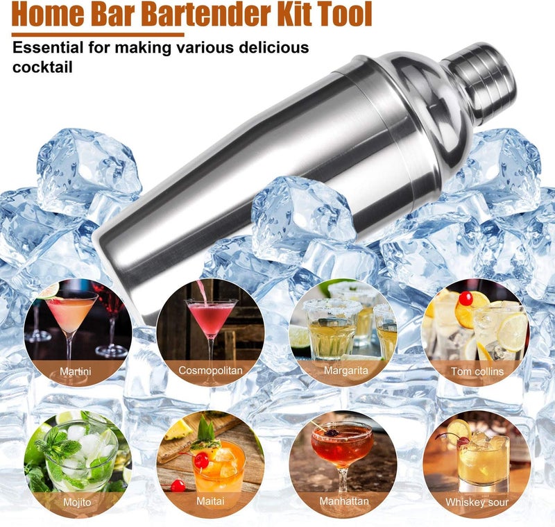 Esmula Bartender Kit with Stylish Bamboo Stand, 12 Piece 25oz Cocktail Shaker Set for Mixed Drink, Professional Stainless Steel Bar Tool Set, Gift for Man Dad- Cocktail Recipes Booklet (Silver) - Image 3