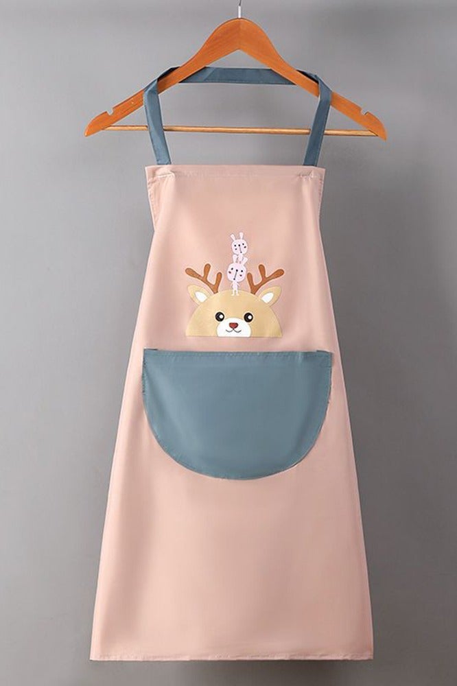 Cute Cartoon Women Fawn Flower Printed Cooking Apron Halter Waterproof Pink Apron With Front Pocket Adjustable Strap Aprons For Kitchen Resturant
