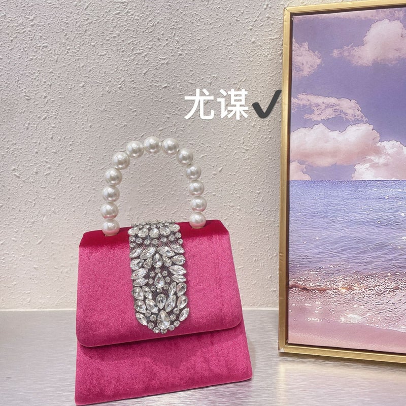 Socialite Vintage Pearl Banquet Shiny Rhinestone Velvet Saddle Bag Diamond Kelly Bag Hand Crossbody Bag For Women - Image 1