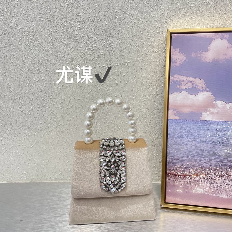 Socialite Vintage Pearl Banquet Shiny Rhinestone Velvet Saddle Bag Diamond Kelly Bag Hand Crossbody Bag For Women - Image 4